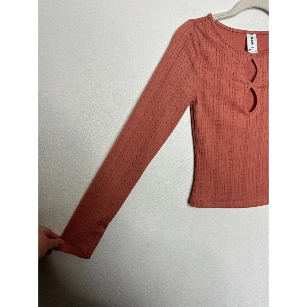 Abound Sz XXS Ribbed Knit Keyhole Top Pink Long Sleeve Round Neckline Cotton